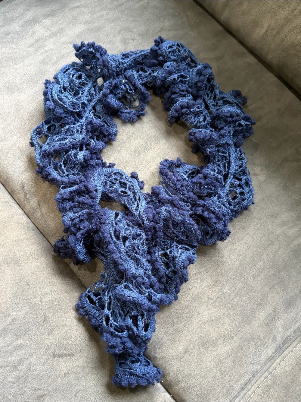 Handmade Navy Blue Ruffled Crochet Scarf